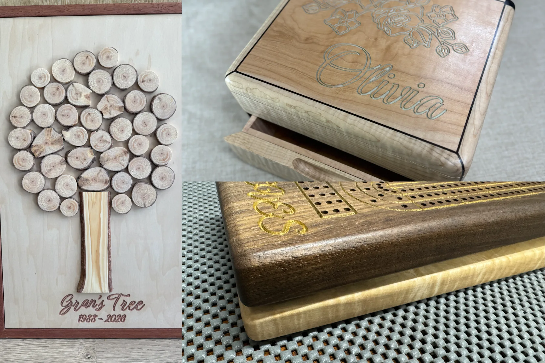 Three custom woodworking projects in Ottawa: a sentimental pine tree frame, personalized maple and walnut box, and walnut cribbage board