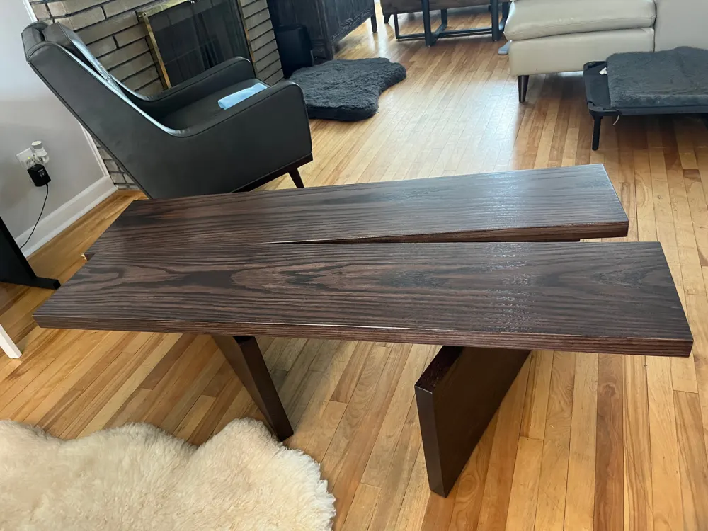 Custom red oak coffee table with V-shaped top
